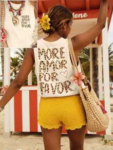 Blusa de ajuste regular casual con estampado, sin mangas para mujer - Albaricoque 4 - Ver 4