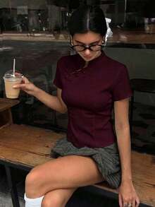 Blusa de cuello Mao de manga corta con cintura ceñida, estilo chino nuevo en color albaricoque, nuevo diseño de primavera/verano para mujer - Burdeos - Ver 9