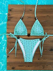 Conjunto de bikini sexy de cuello halter y lazo para mujer en bloque de color para vacaciones, playa de verano - Multicolor 6 - Ver 2