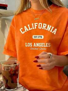 Women's Vintage Graphic T-Shirt With California Los Angeles Design - Casual Crew Neck, Short Sleeve, Cotton, Machine Washable, EST 1776 Print2025 - 亮橙色 - 查看 3