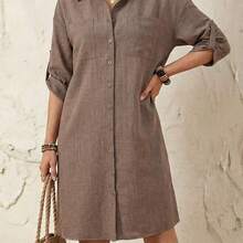 Faunlyn Women's Striped Roll-Tab Sleeve Front Button Shirt Dress For Vacation & Leisure - Mostaza Amarilla - Ver 7
