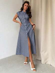 MEXFirerie Vestido midi de línea A con mangas abullonadas a rayas azules y blancas, vestido camisa con cintura anudada, vestido casual con cuello, falda midi a rayas con cintura ceñida, adecuado para primavera, verano, otoño, elegante, commuter, cita, trabajo, vuelta al colegio, día del maestro, ocasiones formales, vestido commuter de negocios, vestido minimalistaMEX KVPV - Azul marino - Ver 6