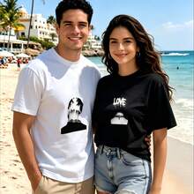 2-Piece Couple Matching Pattern T-Shirt, 100% Cotton, Loose Fit, Soft And Breathable, Casual Round Neck Short Sleeved Top Day Of The Dead Artwork Versatile Patterns No Picky Combinations Coordinated Dating Casual Travel Simple And Cartoonish Printing Styles High Cost-Effectiveness Couple Lovers - 白色 - 查看 1