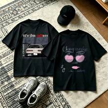 2-Piece Couple Matching Pattern T-Shirt, 100% Cotton, Loose Fit, Soft And Breathable, Casual Round Neck Short Sleeved Top Car Graphic Text Design Pattern Print Versatile Patterns No Picky Combinations Coordinated Dating Casual Travel Simple And Cartoonish Printing Styles High Cost-Effectiveness - 黑色 - 查看 1