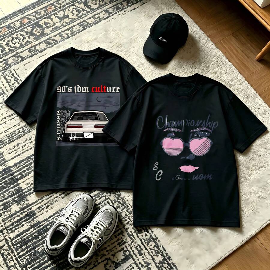 2-Piece Couple Matching Pattern T-Shirt, 100% Cotton, Loose Fit, Soft And Breathable, Casual Round Neck Short Sleeved Top Car Graphic Text Design Pattern Print Versatile Patterns No Picky Combinations Coordinated Dating Casual Travel Simple And Cartoonish Printing Styles High Cost-Effectiveness - 黑色 - 查看 1