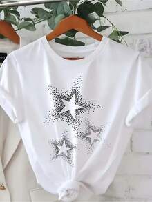Camiseta Casual de Manga Corta para Mujer, Talla Grande - Negra con Estampado de Estrellas Blancas, Cuello Redondo, para Primavera y Verano, Lavable a Máquina, Comodidad para Uso Diario - Blanco - Ver 7