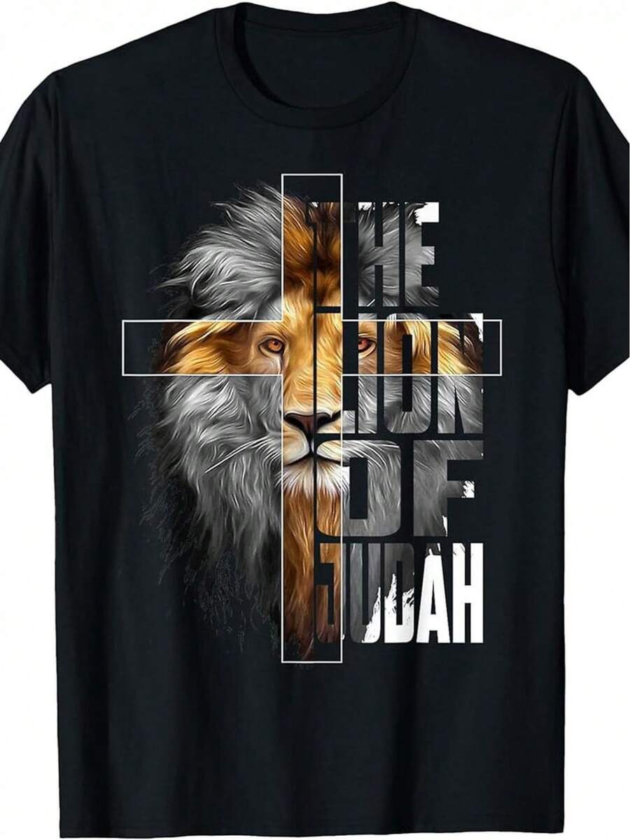 Camiseta de manga corta para hombre con cuello redondo| Estampado digital, diseño especial y moderno de león de Judá, alta calidad asequible, agradable para la piel, secado rápido, estilo deportivo casual, versátil, transpirable, ligera y que absorbe la humedad 1P6S - Negro - Ver 1