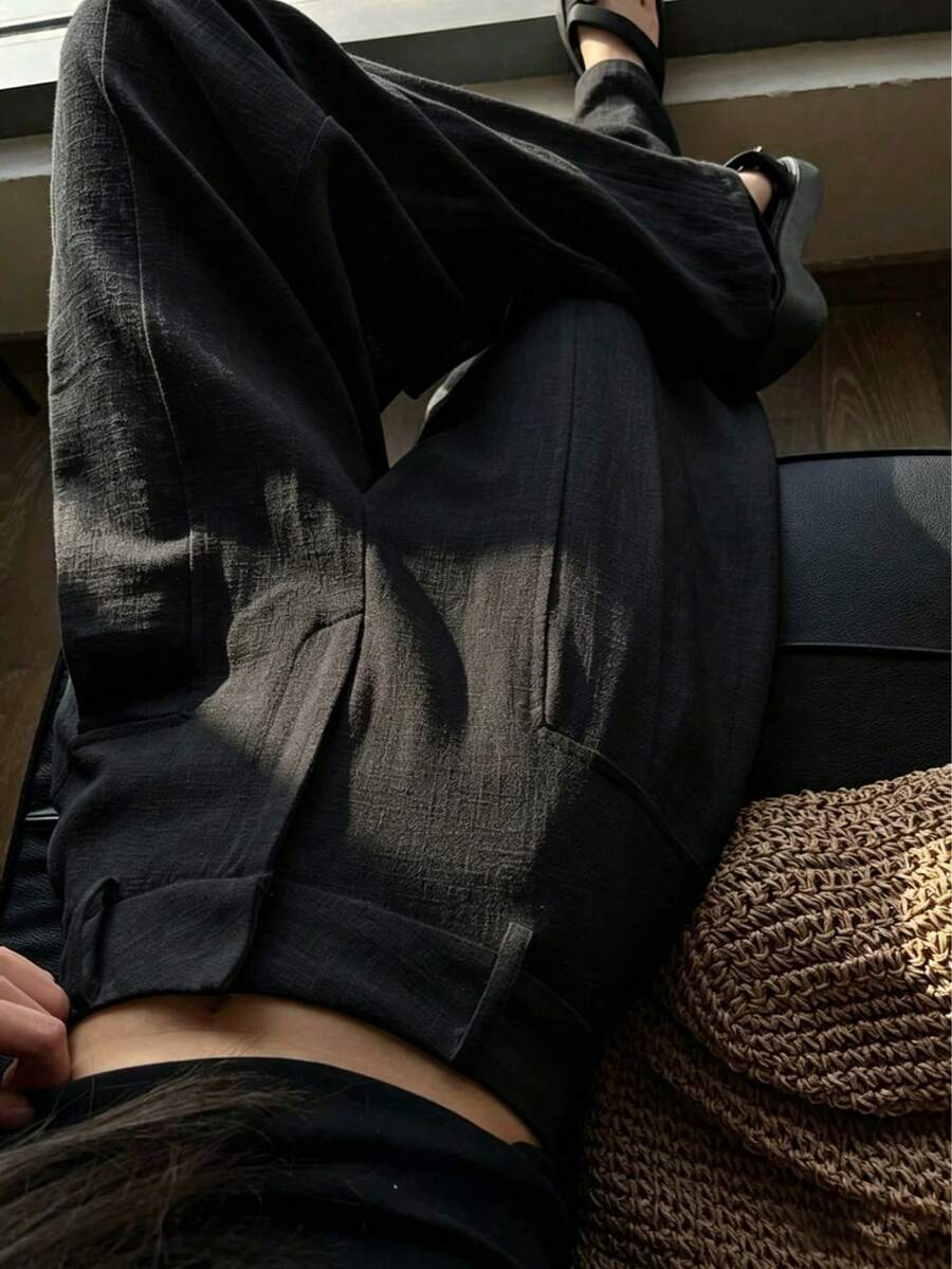女款夏季黑色寬腿褲,休閒垂墜寬鬆長褲,透氣亞麻面料,推薦購買黑色不透膚 - 黑色 - 查看 1
