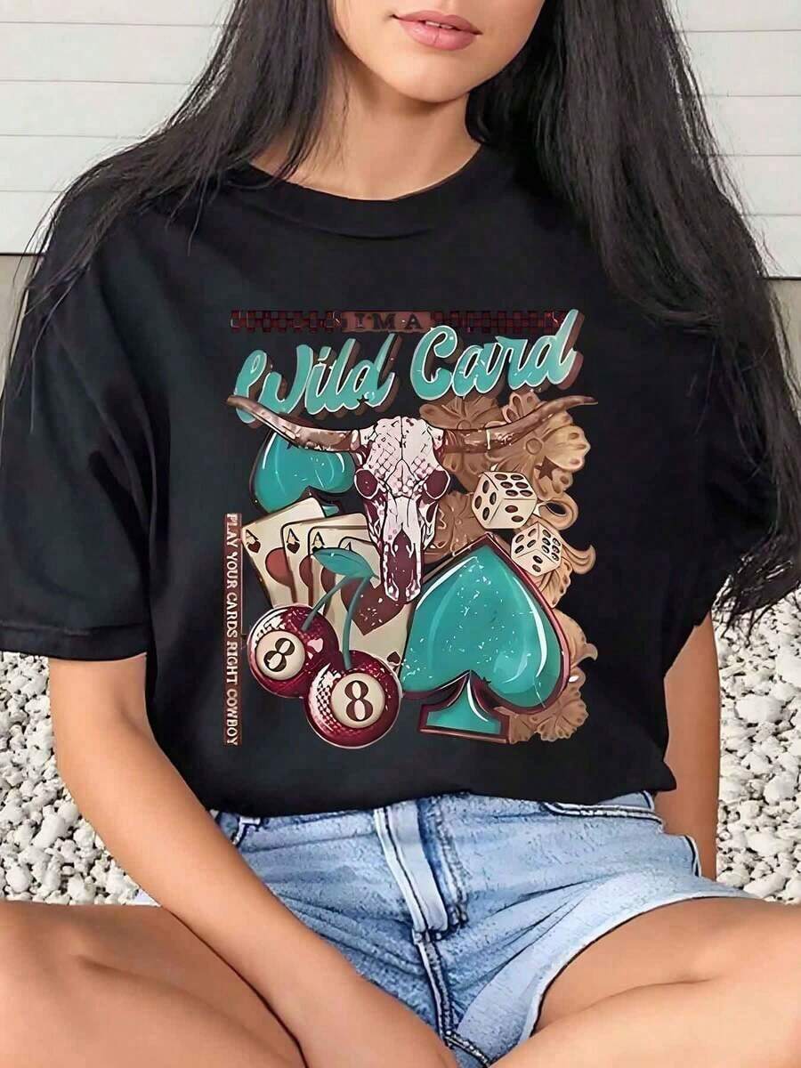 1 Piece Women's T-Shirt With Bull Skull And Playing Card Print, Casual Style For Daily Wear, Round Neck, Short Sleeve, Soft And Comfortable, 220 G/M², 180 G, 100% Cotton - 黑色 - 查看 1