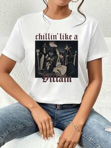 Ilustración que muestra un grupo de personajes clásicos de cuentos reunidos con actitud relajada simbolizando el poder interior y la confianza irónica de quienes aceptan su lado audaz camiseta de mujer  casual cómoda para diario - Blanco - Ver 1