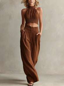 Conjunto de 2 piezas nuevo de moda para mujer, estilo casual, top halter de cuello redondo y espalda descubierta, pantalón largo, perfecto para vacaciones, playa y looks de verano - Marrón claro - Ver 8
