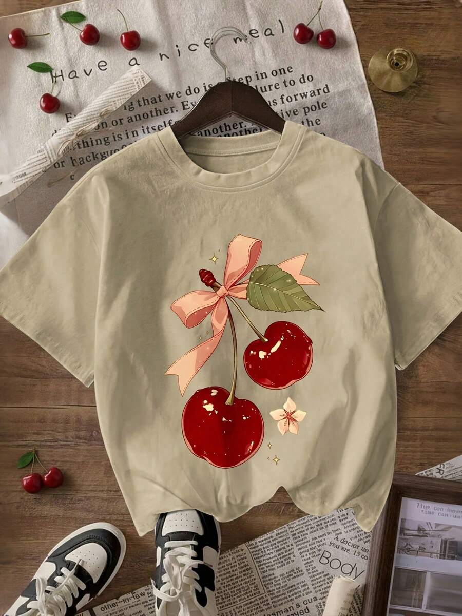 Camiseta de mujer con estampado de lazo de cereza estilo Y2K, camiseta casual de manga corta con cuello redondo, adecuada para uso diario - Camiseta unisex de algodón suelto de manga corta y cuello redondo estilo vintage urbano, blusas para mujer. blusas.blusas casuales para dama. - Albaricoque - Ver 1
