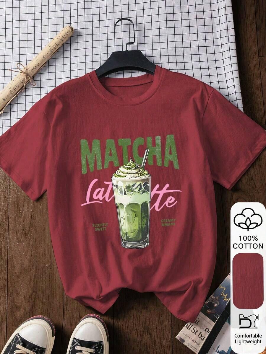 Casual Short-Sleeve T-Shirt In 100% Cotton With Matcha Print, Graphic Tee, Outerwear, Printed Print, Summer T-Shirt, Women's T-Shirt, Summer Blouse, Vacation Outfit, Beach Style, Minimalist Resort Wear - 波爾多 - 查看 1