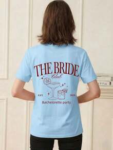 1 pieza de camiseta de verano para mujer con cuello redondo y manga corta, "THE BRIDE, EST."2026" Patrón Impreso Casual - Azul claro - Ver 6