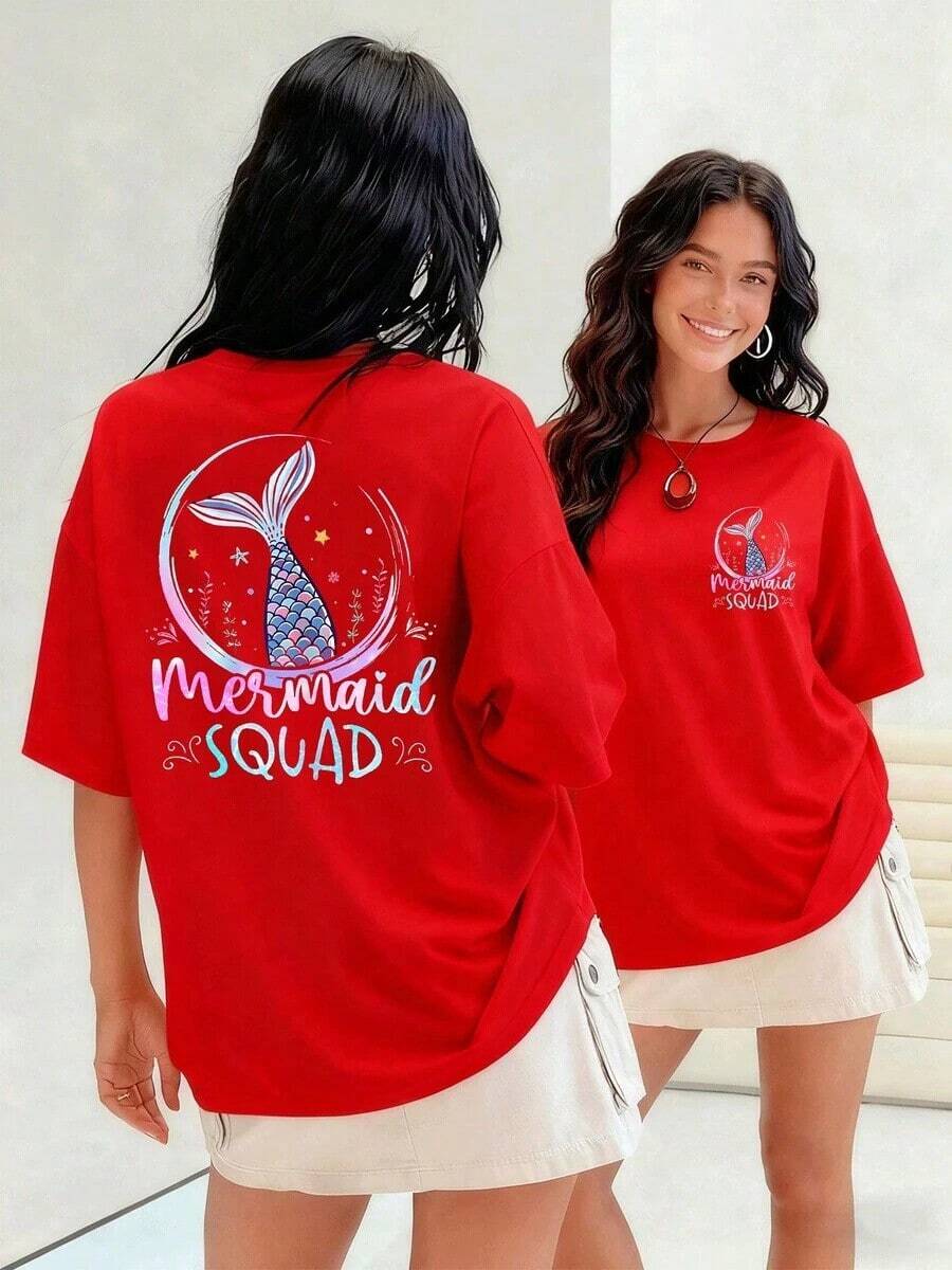 Acuarela de cola de sirena con escamas de colores camiseta para mujer y diseño moderno 100% algodón perfecta para un look relajado que evoca la magia del océano.Suitable for spring, summer and autumn - Rojo - Ver 1