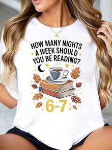 Camiseta Moderna Minimalista de Cuello Redondo para Mujer, con Estampado de "¿Cuántas Noches a la Semana Deberías Leer 6 o 7 Libros?" y Taza de Café con Hojas de Otoño, Manga Casual, Top Informal para Amantes de la Lectura, Ropa Cómoda para el Hogar, Uso Diario Casual - Blanco - Ver 7