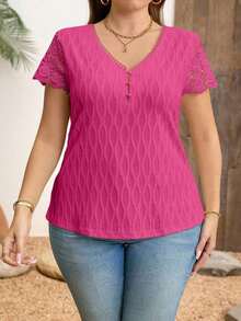 Classic Plus Size Women's Summer Blouses, Elegant Blouse, White T-Shirt, Jacquard Knit T-Shirt, T-Shirt With Contrasting Lace - 紫紅色 - 查看 4