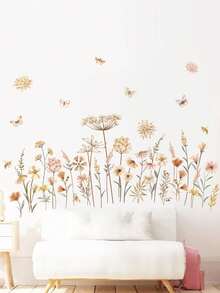 2 piezas Pegatinas de pared con estilo bohemio y flores, patrón de flores silvestres y plantas, vinilos decorativos extraíbles para la habitación de los niños, la sala de estar/fondo de sofá, decoración de pared - estilo bohemio - Ver 1