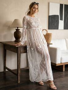 Bohemian Style Floral Lace Sheer Maxi Dress, Long Sleeve Round Neck Beach Resort Pool Party Cover Up - White - View 3