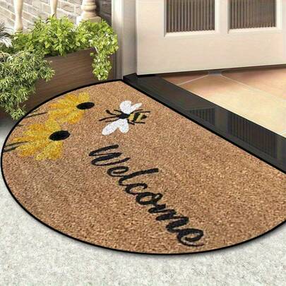 1pc Bee And Flower Themed Floor Mat, Made Of Polyester, Machine Washable. Semi-Circular Design, Ideal For Use In The Kitchen, Bathroom, And Bedroom