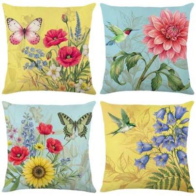 Spring Summer Pillow Covers 18x18 Set Of 4 Decorative Throw Pillow Covers Linen Flower Butterfly Farmhouse Pillowcases For Sofa Couch Living Room Outdoor