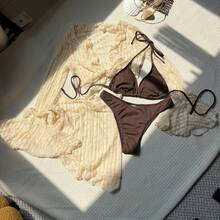 New Sexy Four-Piece Lace And Mesh Bikini. - Apricot - View 12