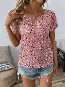 Camisa de mujer con estampado total, versátil para uso casual diario de manga corta - Rosa - Ver 4