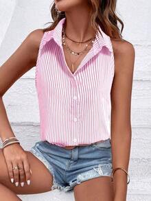 Blusa holgada sin mangas a rayas de estilo casual para mujer, camisa de verano para mujer, top sin mangas a rayas, top verde a rayas, blusas casuales de verano para mujer - Rosa - Ver 1