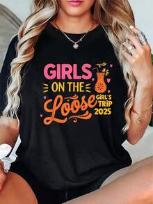 Soft 180g Women's T-Shirt, Ideal For Couples And Best Friends - New 2026 Travel Design, Featuring A Cocktail And Heart Print, Black With Pink And Yellow Lettering, Loose Fit, Short Sleeves And Round Neck, Suitable For Travel, Holidays And Bachelorette Parties, Machine Washable Casual Wear, Fun Geometric Design, Comfortable For All Seasons, Relaxed Style For Weekend Getaways And Adventures - 100% Cotton T-Shirt, Breathable For Everyday Casual Wear. - 黑色 - 查看 1