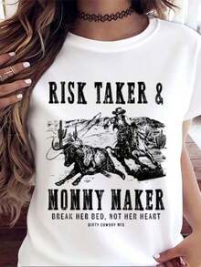 Camiseta con Estampado Occidental "Risk Taker And Mommy Maker" para Mujer, Estilo Cowgirl con Diseño de Montar Toro, "Rompie Su Cama, No Su Corazón", Dirty Cowboy Mfg, Ropa Fresca de Verano para Mujer - Blanco - Ver 6