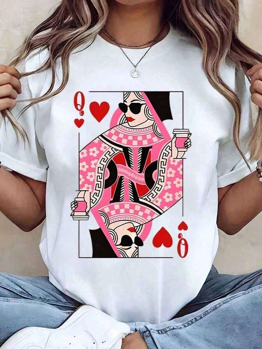 Women's T-Shirt With Queen Of Hearts Print, Sunglasses And Coffee Cup, Graphic Design, Regular Fit, Round Neck, Casual Clothing For Everyday Wear, Gift Idea - 白色 - 查看 1