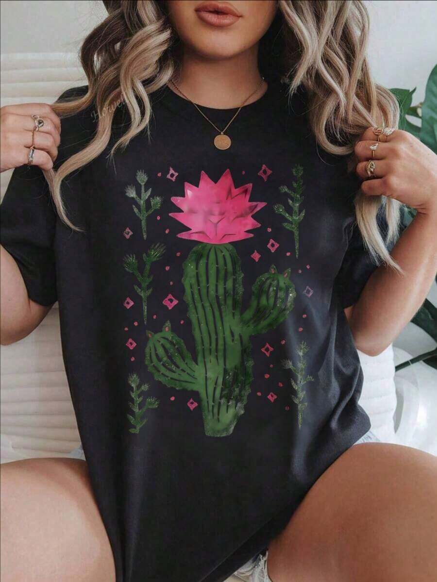 Camiseta Casual de Mujer con Estampado de Cactus, Flores, Diamantes Rosados y Hojas Verdes, Adecuada para Todas las Temporadas
Negro - Negro - Ver 1