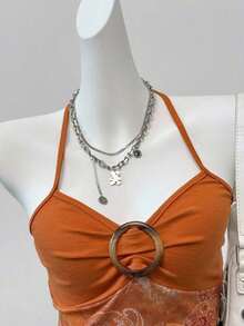 Blusa casual de mujer con cuello de corbata y estampado de anacardo, versátil para uso diario - Naranja - Ver 3