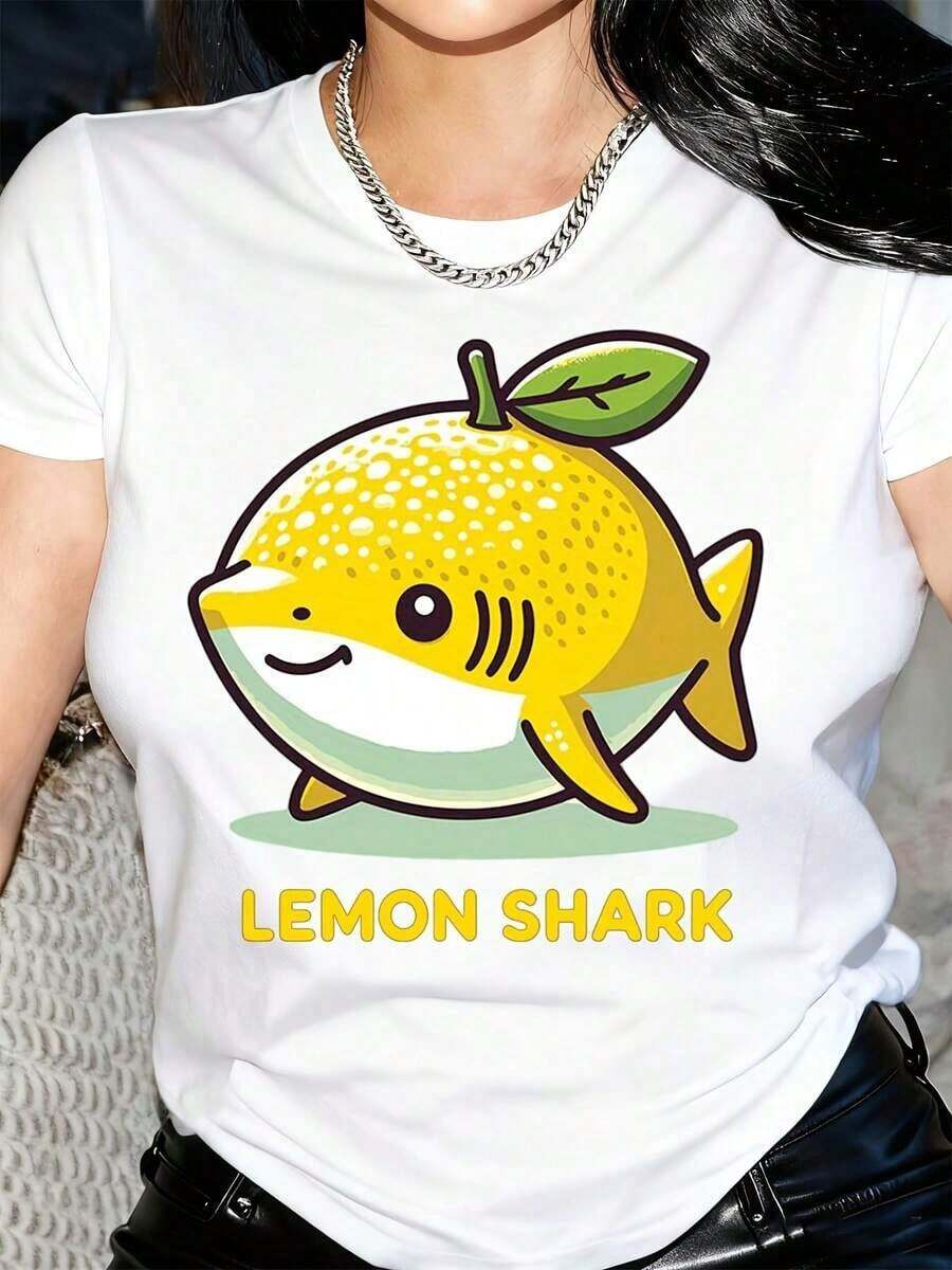 New Arrivals For Summer. Women's Lemon Shark Graphic T-Shirt - 100% Cotton, Short Sleeve, Crew Neck, Casual Style With Cartoon Print, Black And Yellow Design For Summer And Spring, Machine Washable, Fun Print T-Shirt, Comfortable Fit Blouse, Beautiful T-Shirt. - 白色 - 查看 1