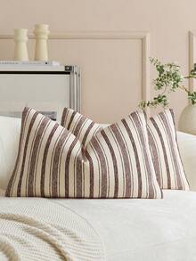 1pc Iron Red Striped Throw Pillow Cover (Pillow Insert Not Included), Modern Stylish Soft Chenille & Faux Linen Blended Dual-Color Striped Comfortable Cushion Cover, Suitable For Home Sofa, Bedroom, Decor, All Seasons - Redwood - View 6