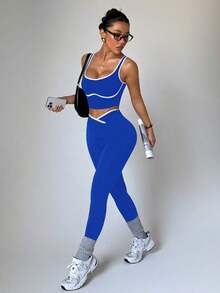 Conjunto deportivo de mujer de dos piezas con bloques de color sin costuras, malla de yoga, conjunto de fitness, conjunto de entrenamiento de dos piezas, conjunto activo de dos piezas, conjunto deportivo negro de dos piezas - azul real - Ver 6