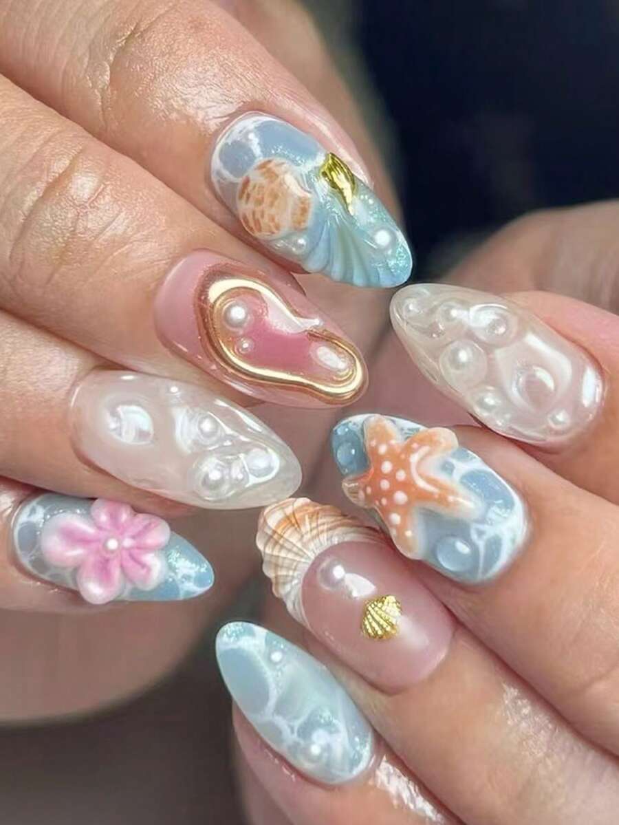 24片长杏仁形3D凝胶花朵美甲贴纸，夏威夷椰子法式美甲贴纸，短款，完美贴合亚克力假指甲套装，包含1卷双面胶带和1把指甲锉，适合女性日常工作、度假、派对、海洋沙滩风美甲。 - 彩色 - 查看 1