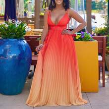 Women's Blue-To-Pink Gradient Dress With Deep V-Neck, Adjustable Straps, Long Pleated Maxi Skirt, Lightweight Fabric Ideal For Beach, Summer Vacations And Pool Parties, Elegant And Sexy Boho Style - 珊瑚橙 - 查看 5