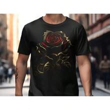 Camiseta de Rosas, Diseño Floral, Rosa Blanca, Contorno Dorado, Centro Rojo, Camiseta Elegante, Camiseta con Flores, Camiseta Artística, Regalo para Ella - Negro - Ver 3