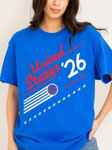Retro United States Soccer Team T-Shirt, World Cup 80s And 90s USA Cup Tee. Women's Fashionable Casual T-Shirt With Creative Print, Short Sleeve, Round Neck, For Spring And Summer. Festive Celebration Shirt, Party Wear Top - 彩色 - 查看 1