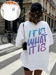 女款大尺碼休閒T恤 | 「It Is What It Is」字母印花，休閒圓領短袖，女款T恤，大尺碼夏季服飾，白色 - 白色 - 查看 5