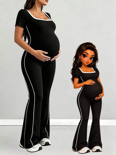 Mono de maternidad Parara, mono casual cómodo de manga corta, adecuado para todas las estaciones, ropa deportiva de moda, adecuado para citas, uso diario y uso en casa, negro de verano