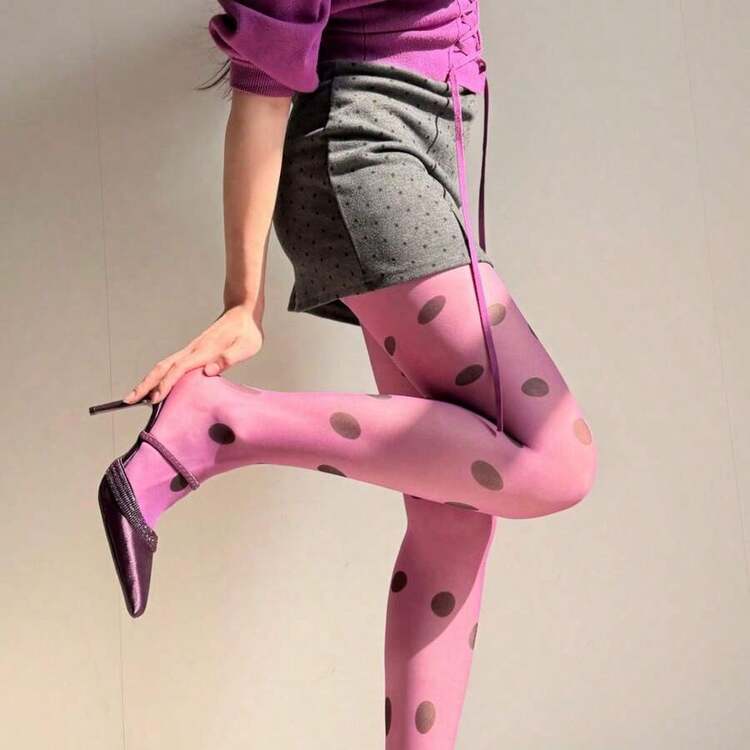 Retro Large-Scale Polka Dot Pantyhose, Fashionable Multi-Color Contrasting Polka Dot Stockings, Sweet, Cool, Ish Style Leg Accessories, Ultra-Thin Transparent Base Layer  Pantyhose For Women. - 紫色 - 查看 3