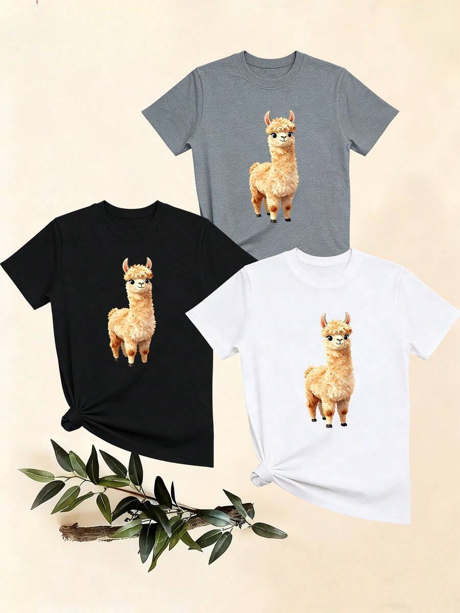 Women's T-Shirts, Women's T-Shirts, Casual One-Piece T-Shirt With Alpaca Print, Comfortable Cotton Top With Round Neck And Short Sleeves, Modern And Versatile Sweater. - 1件黑色隨機圖案 - 查看 1