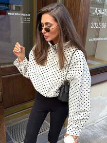 Chaqueta Holgada de Manga Larga con Estampado de Lunares para Mujer, Moda de Otoño, Cuello Alto con Cierre de Cremallera - Blanco - Ver 2