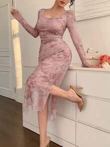 Vestido con estampado floral de primavera y verano, vestido elegante de manga larga transparente con dobladillo de sirena ajustado para festival de música, boda, fiesta, vestido de paseo - Rosa - Ver 6