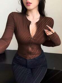 Chaqueta corta casual de verano de unicolor, de cuello redondo, de manga larga y con abertura frontal, ajustada para mujer - Marrón 7 - Ver 2