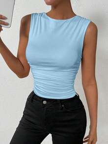 Camisola De Cuello Redondo Plisado Para Mujer - Celeste - Ver 1