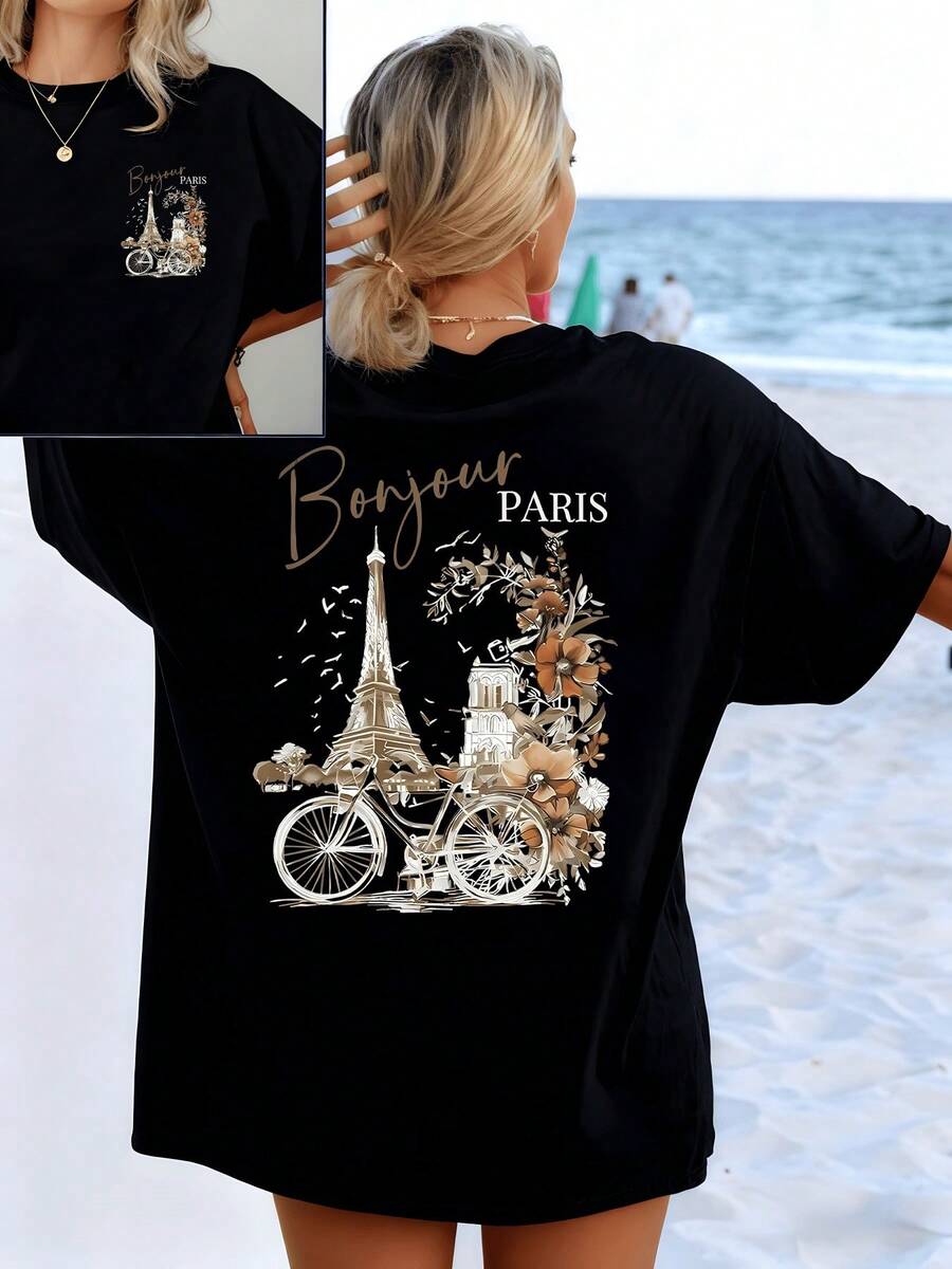 Golden Flowers Adorn A Bicycle In Front Of The Eiffel Tower, With The Word "Bonjour" Evoking The Joy Of Exploring Paris On A Sunny Day. Women's Double-Print T-Shirt, Casual, Modern, And Elegant For Summer. - 黑色 - 查看 1