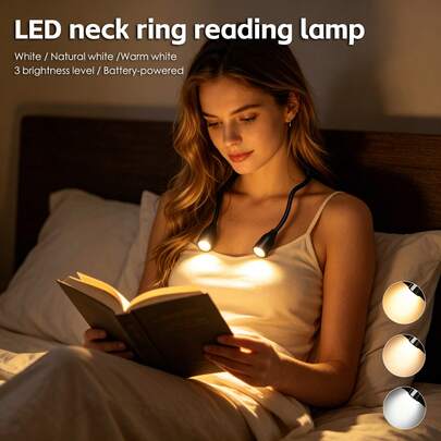 1 pieza Luz de lectura LED para el cuello, lámpara de estudio portátil, luz de lectura para mesita de noche, regulación de 3 colores, flexible 360°, alimentada por batería, adecuada para lectura, correr, oficina (baterías no incluidas)